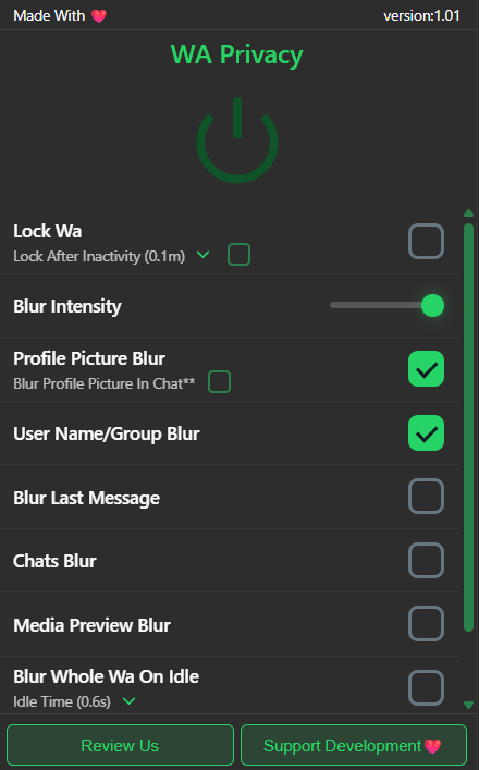 Screenshot showing the WhatsApp Privacy Extension blurring interface